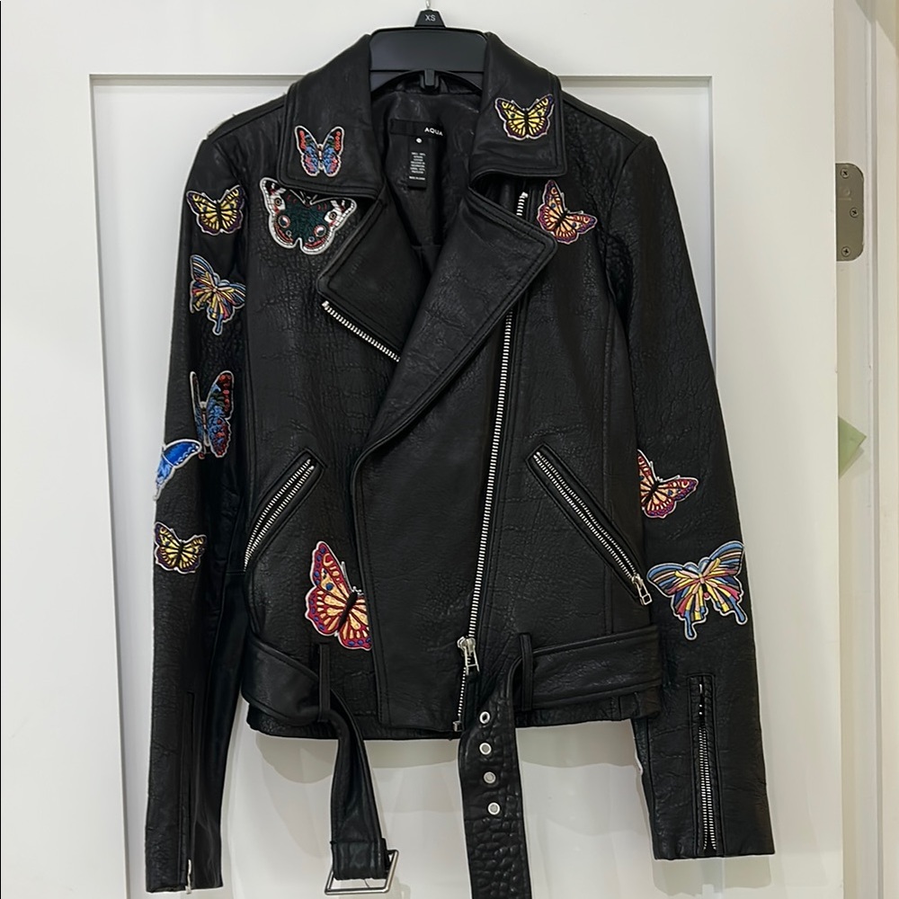 Aqua Black Leather Jacket with Colorful Butterfly Embroidery